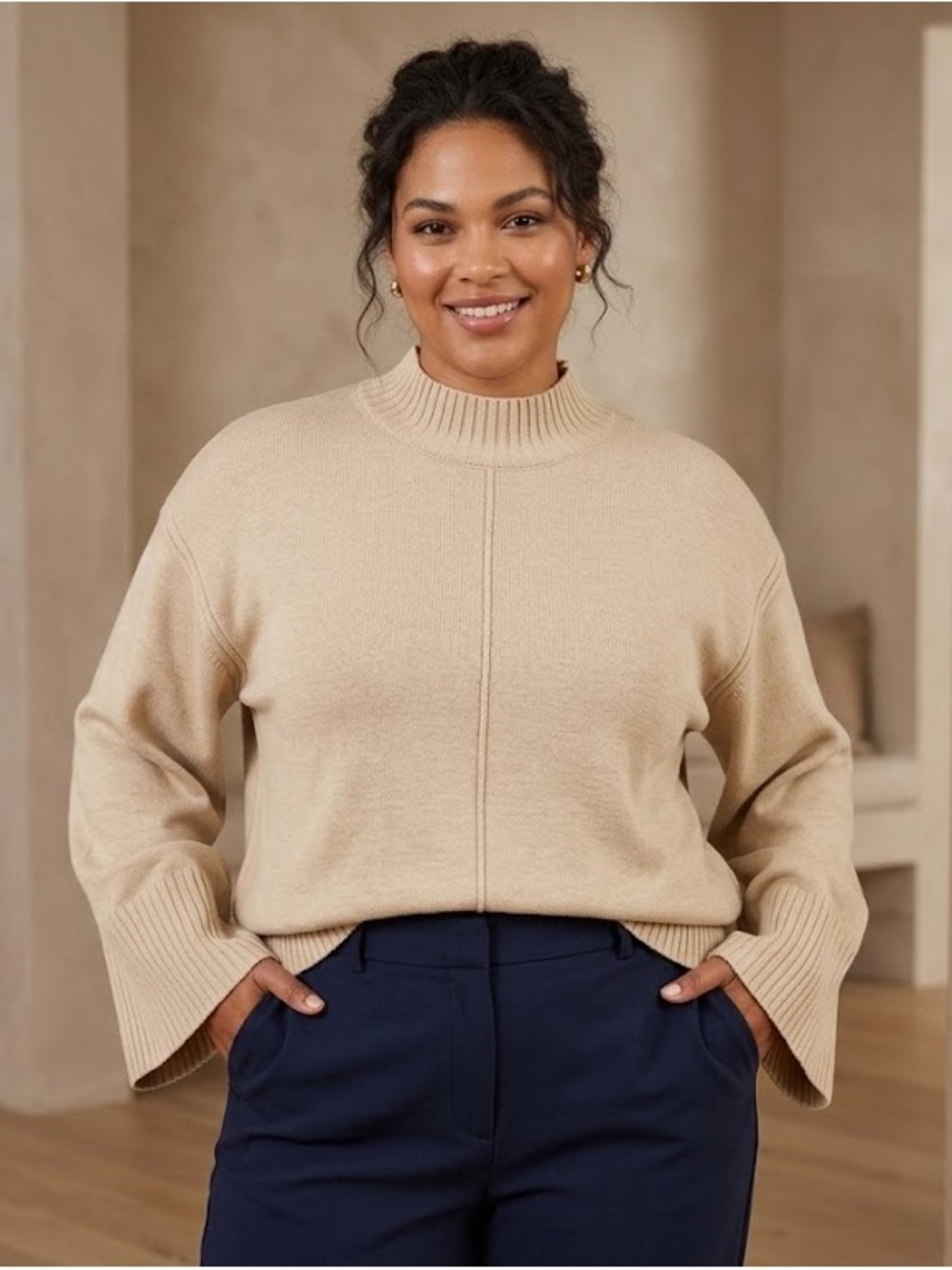 Reba Beige Mock Neck Sweater with Flared Cuffs